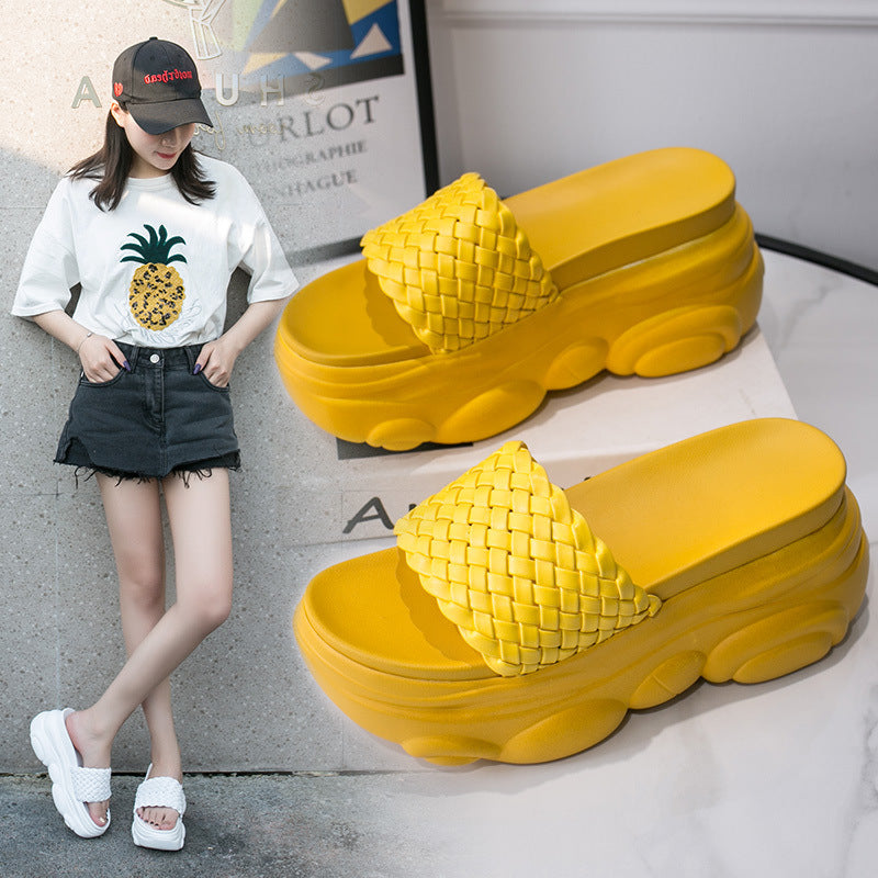 High Slippers Women Open Toe Sandals Stevvex yellow platform woven strap indoor outdoor on Tampa Home & Garden Store