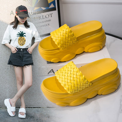 High Slippers Women Open Toe Sandals Stevvex yellow platform woven strap indoor outdoor on Tampa Home & Garden Store