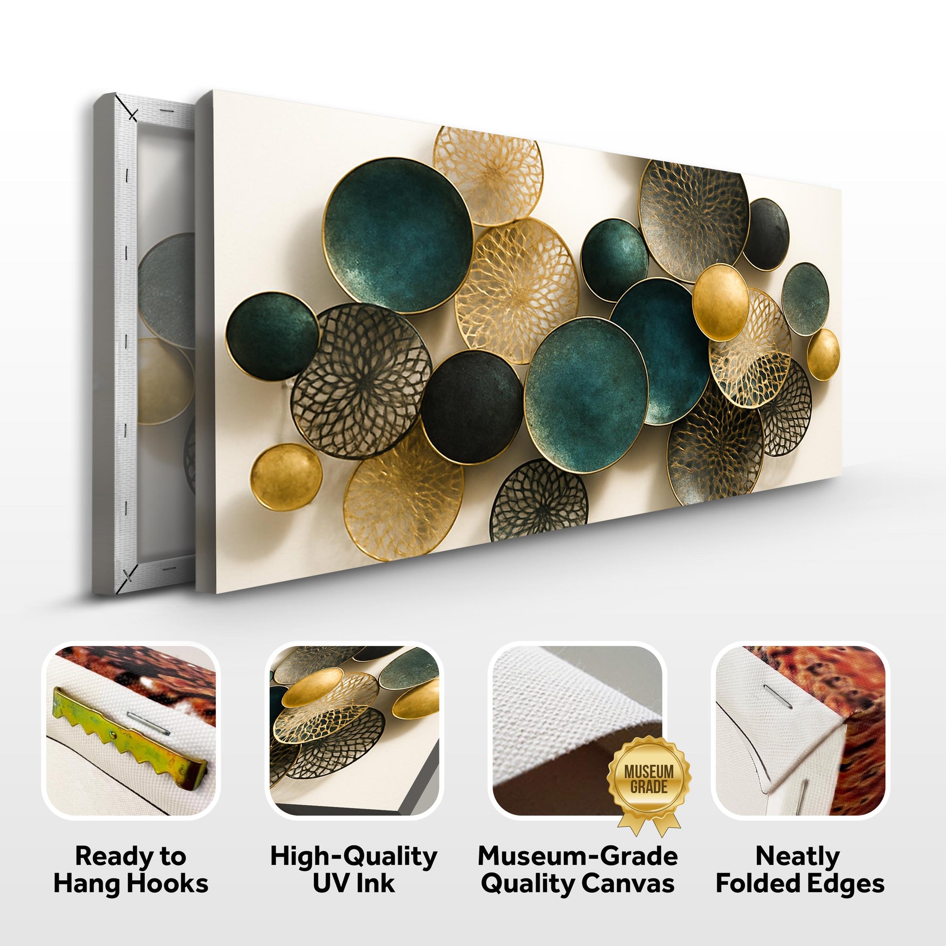 Lotus Leaf Abstract Wall Art VIII canvas by Tailored Canvases with teal and gold circular discs on Tampa Home & Garden Store