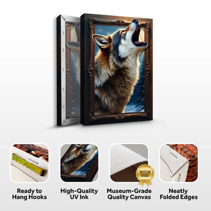 3D Wolf Wall Art canvas by Tailored Canvases featuring a howling wolf in an ornate frame on Tampa Home & Garden Store