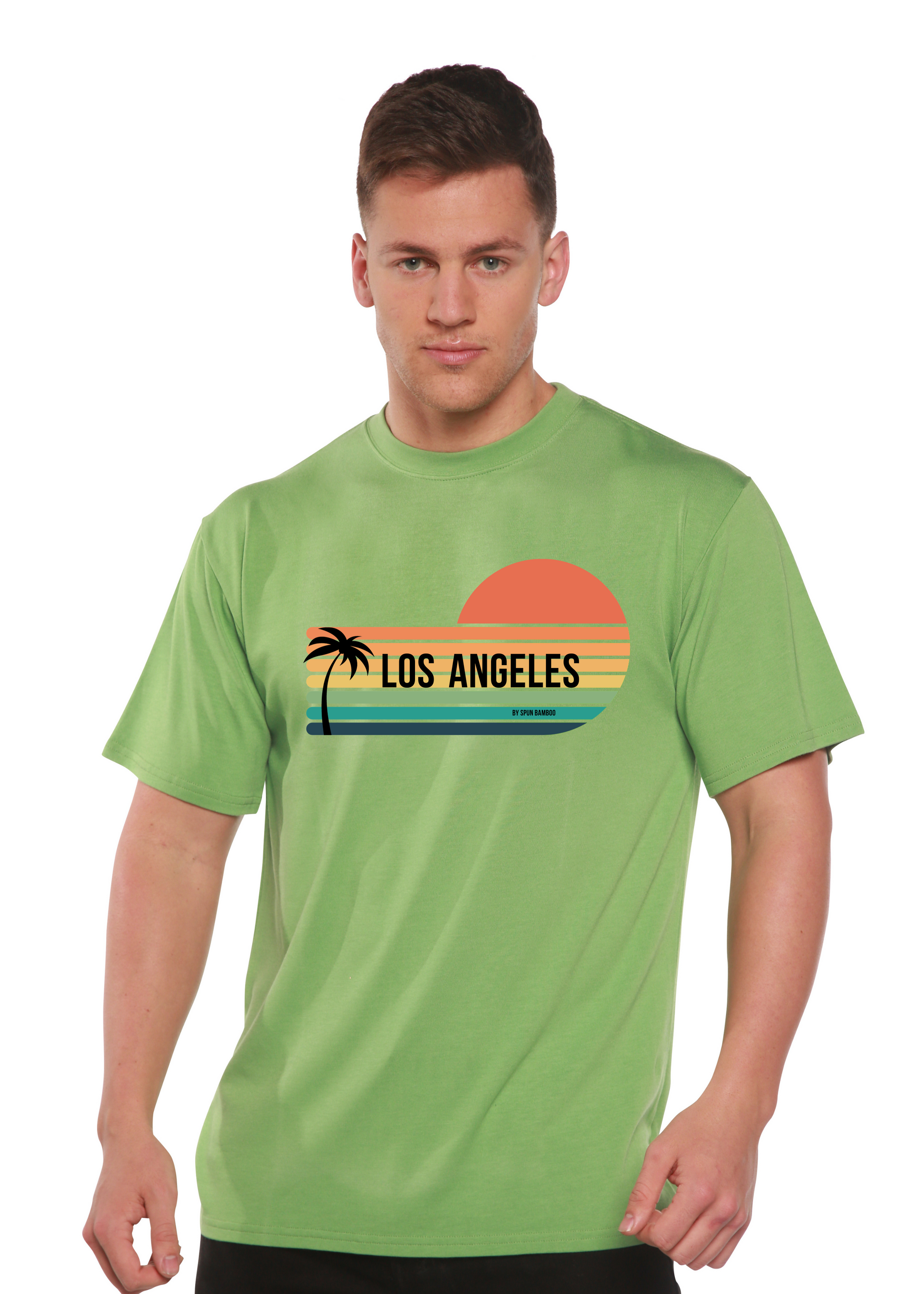 Spun Bamboo Los Angeles graphic tee in lime green with palm & sunset for men on Tampa Home & Garden Store