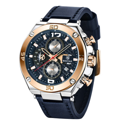 Men's luxury sport watch Benyar chronograph with blue dial and rose-gold bezel on Tampa Home & Garden Store
