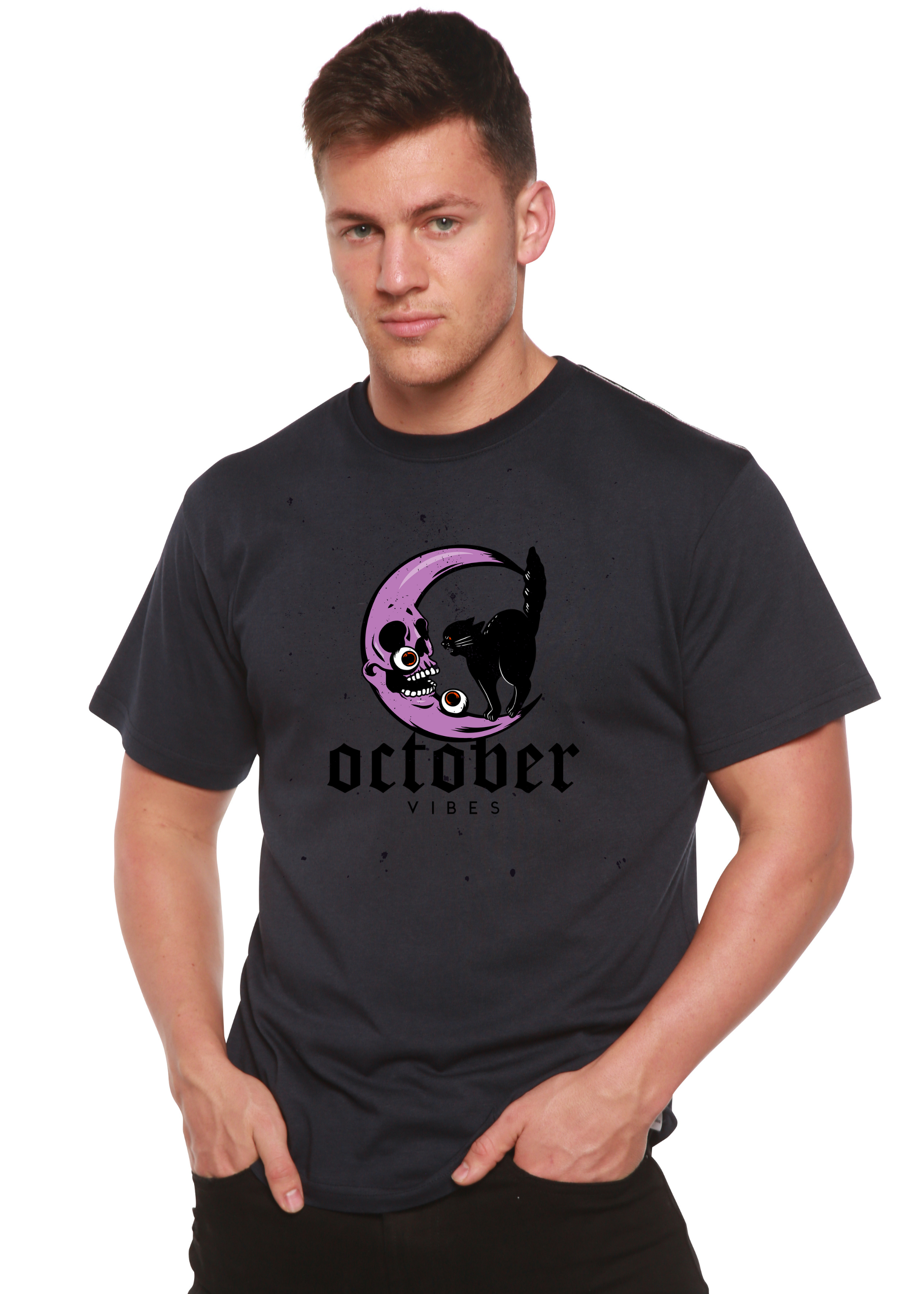 October Vibes men's bamboo viscose/organic cotton graphic tee purple moon and black cat gray on Tampa Home & Garden Store