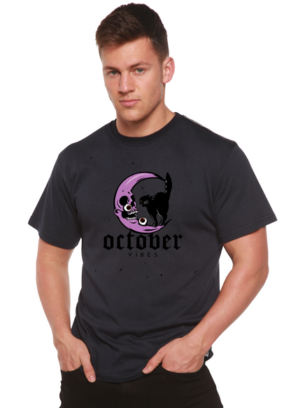 October Vibes men's bamboo viscose/organic cotton graphic tee purple moon and black cat gray on Tampa Home & Garden Store