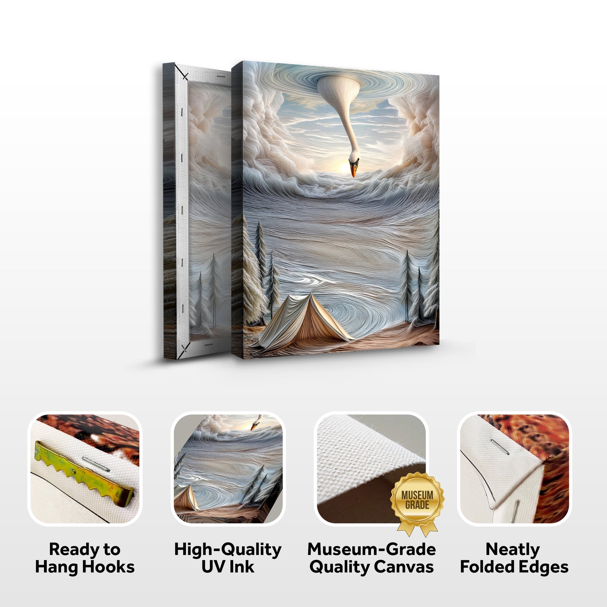 Surrealism Painting Wall Art on Canvas by Tailored Canvases showing swan in sky and tents on Tampa Home & Garden Store