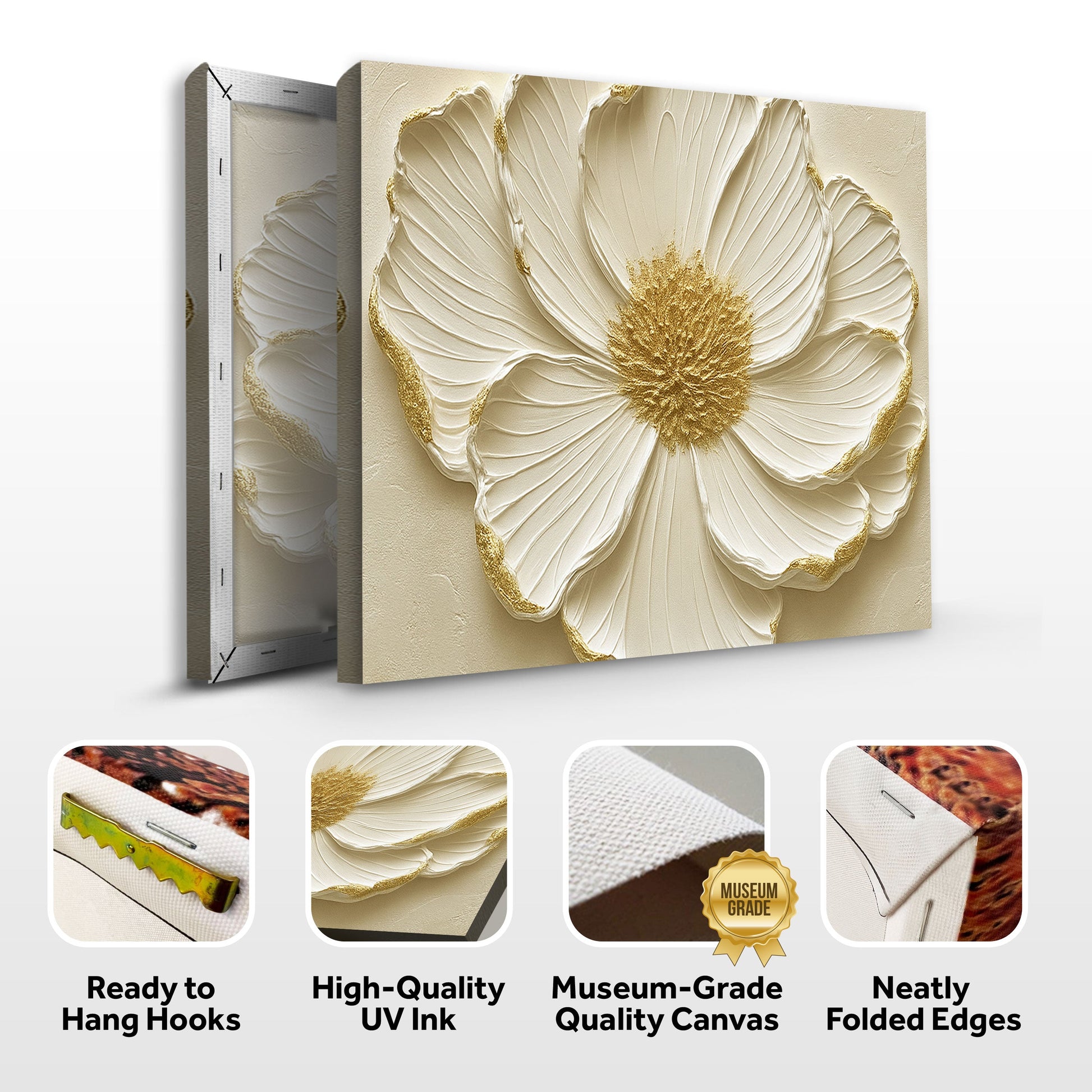 Modern Abstract Flower Canvas by Tailored Canvases; cream flower with gold accents on canvas on Tampa Home & Garden Store
