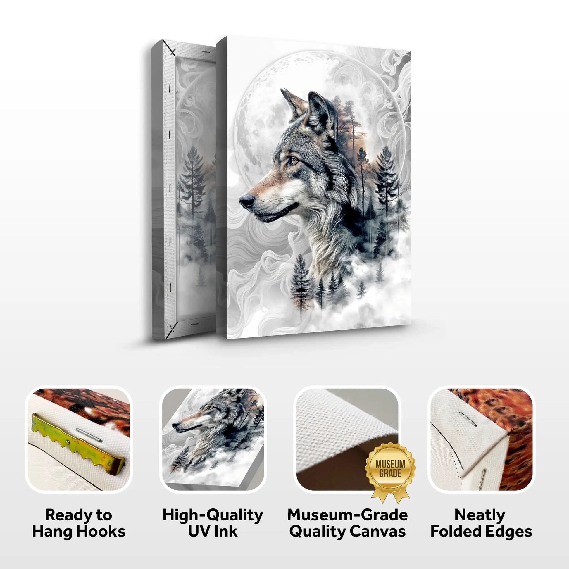 Wolf Double Exposure Wall Art canvas by Tailored Canvases with moon and forest silhouettes on Tampa Home & Garden Store