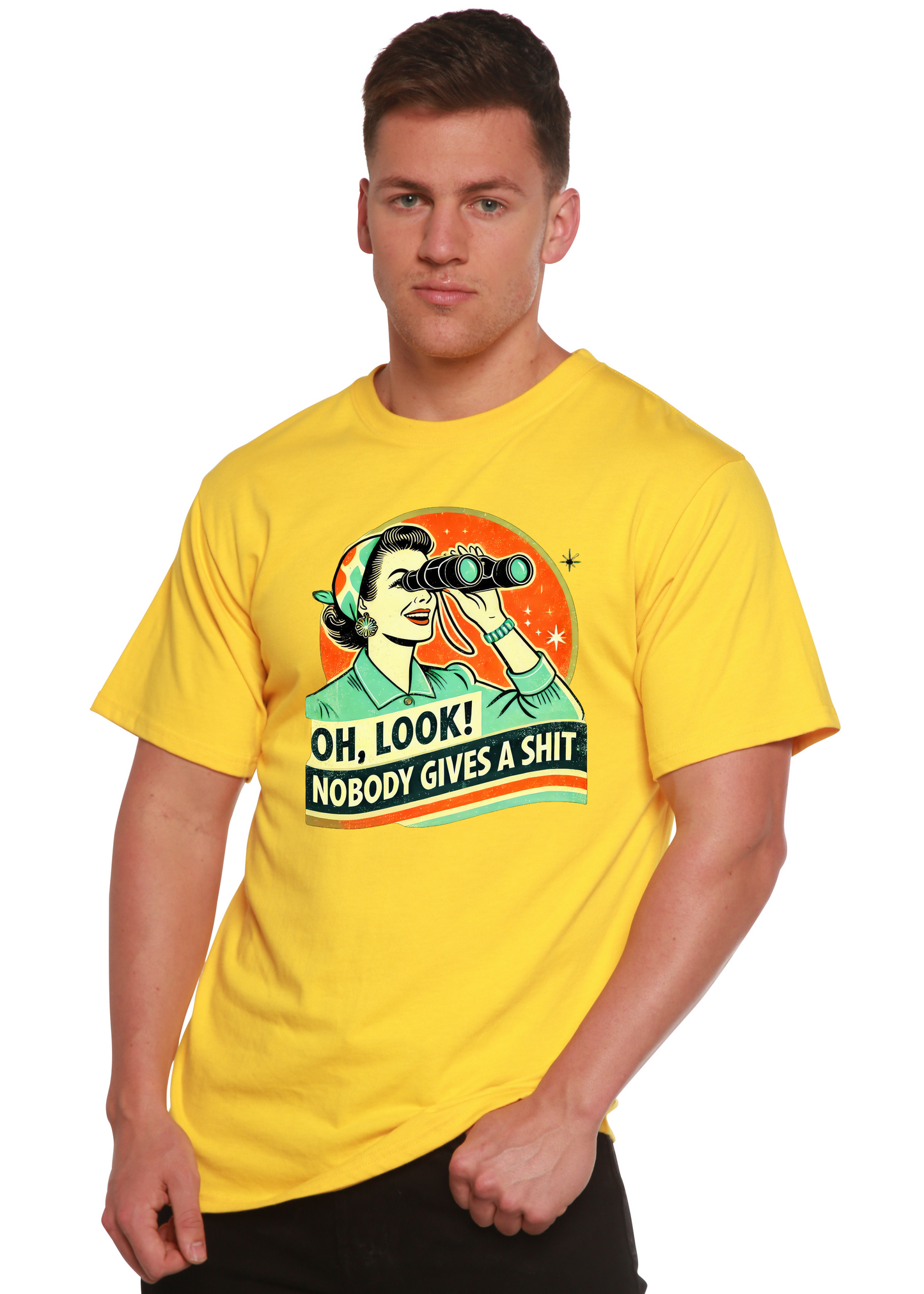 Funny Retro Woman Unisex Bamboo/Cotton Graphic T-Shirt, yellow with retro print by Spun Bamboo on front on Tampa Home & Garden Store