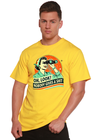 Funny Retro Woman Unisex Bamboo/Cotton Graphic T-Shirt, yellow with retro print by Spun Bamboo on front on Tampa Home & Garden Store