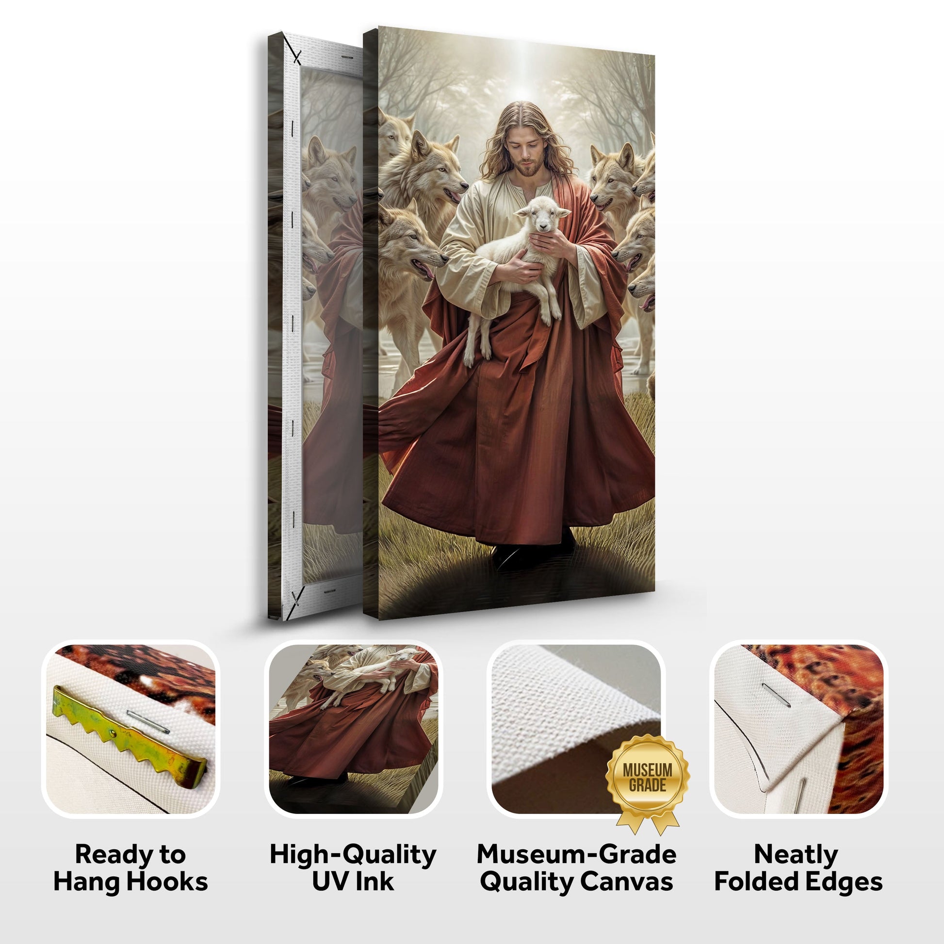 Canvas wall art Jesus Protects The Lamb From Wolves Faith Wall Art VI by Tailored Canvases, 3-panel triptych on Tampa Home & Garden Store