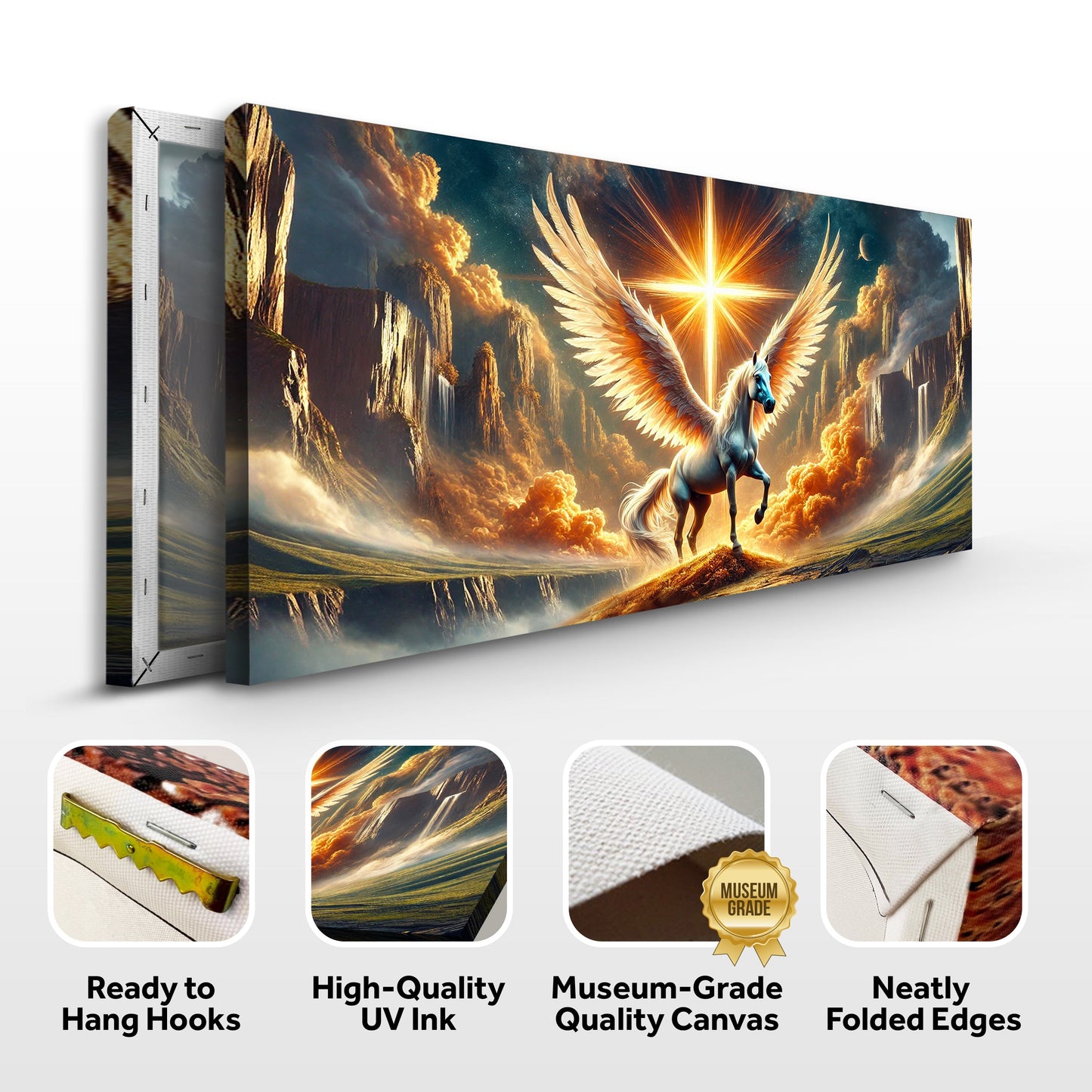 Tailored Canvases 3D Horse Faith wall art canvas Pegasus with radiant sunburst skies on Tampa Home & Garden Store
