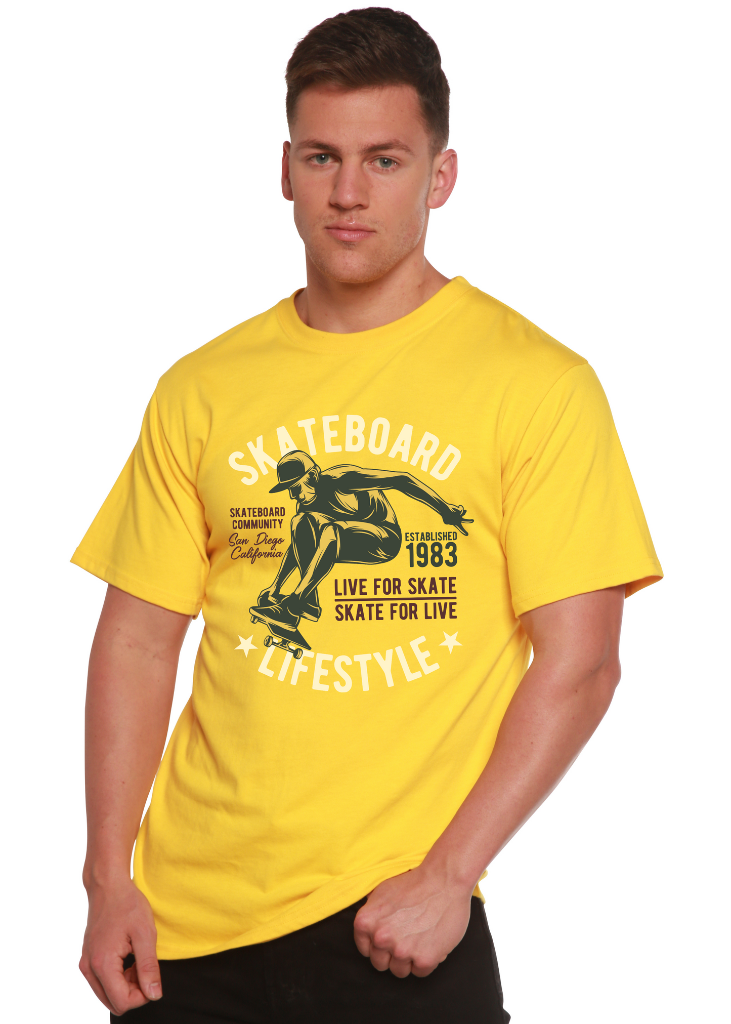 Skateboard Lifestyle men's graphic T-shirt in yellow, bamboo viscose/organic cotton on Tampa Home & Garden Store