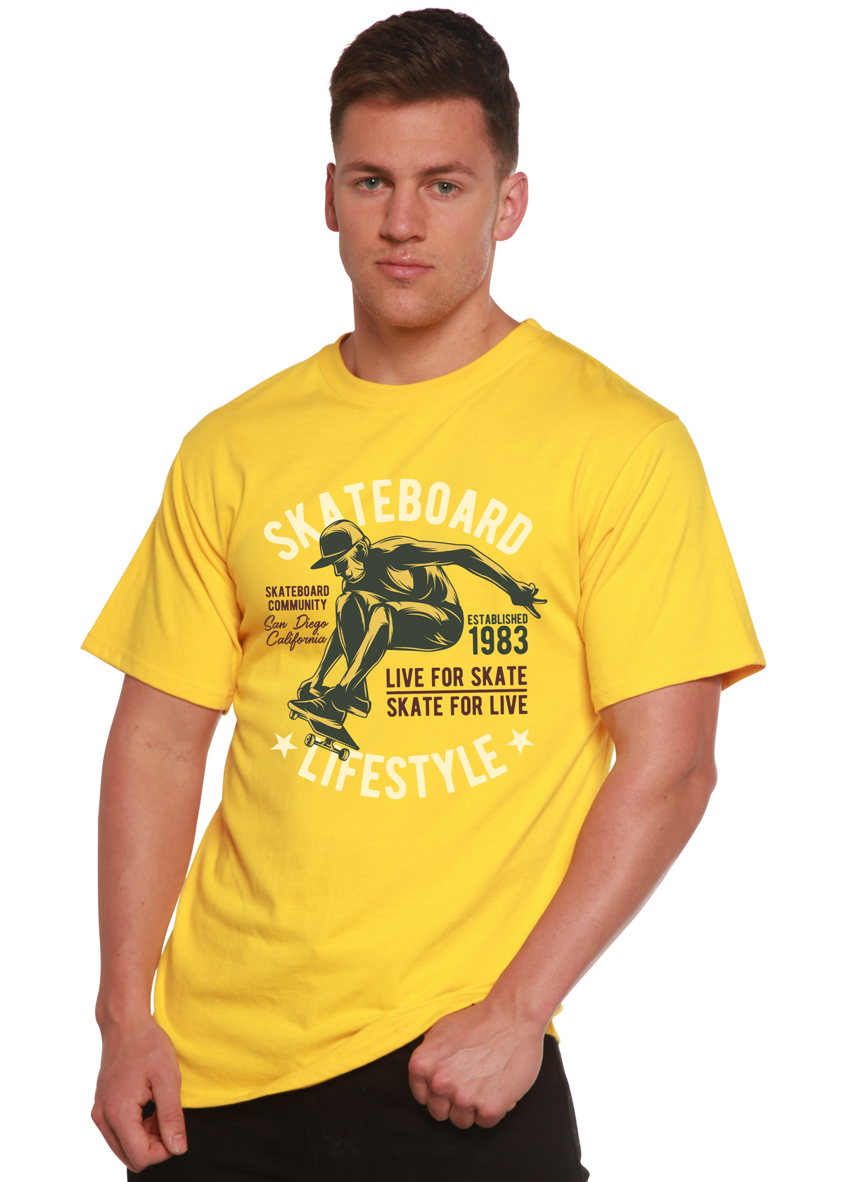 Skateboard Lifestyle men's graphic T-shirt in yellow, bamboo viscose/organic cotton on Tampa Home & Garden Store