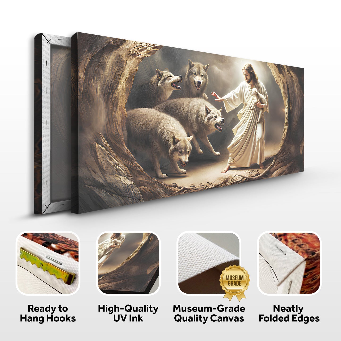 Canvas Jesus Protects The Lamb From Wolves Faith Wall Art III by Tailored Canvases warm-toned on Tampa Home & Garden Store