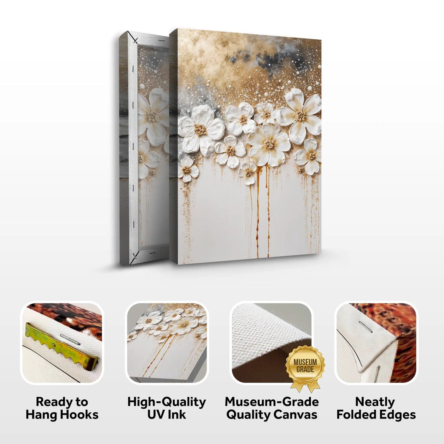 Gold Floral Wall Art canvas by Tailored Canvases featuring white flowers on gold splatter on Tampa Home & Garden Store