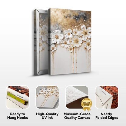 Gold Floral Wall Art canvas by Tailored Canvases featuring white flowers on gold splatter on Tampa Home & Garden Store