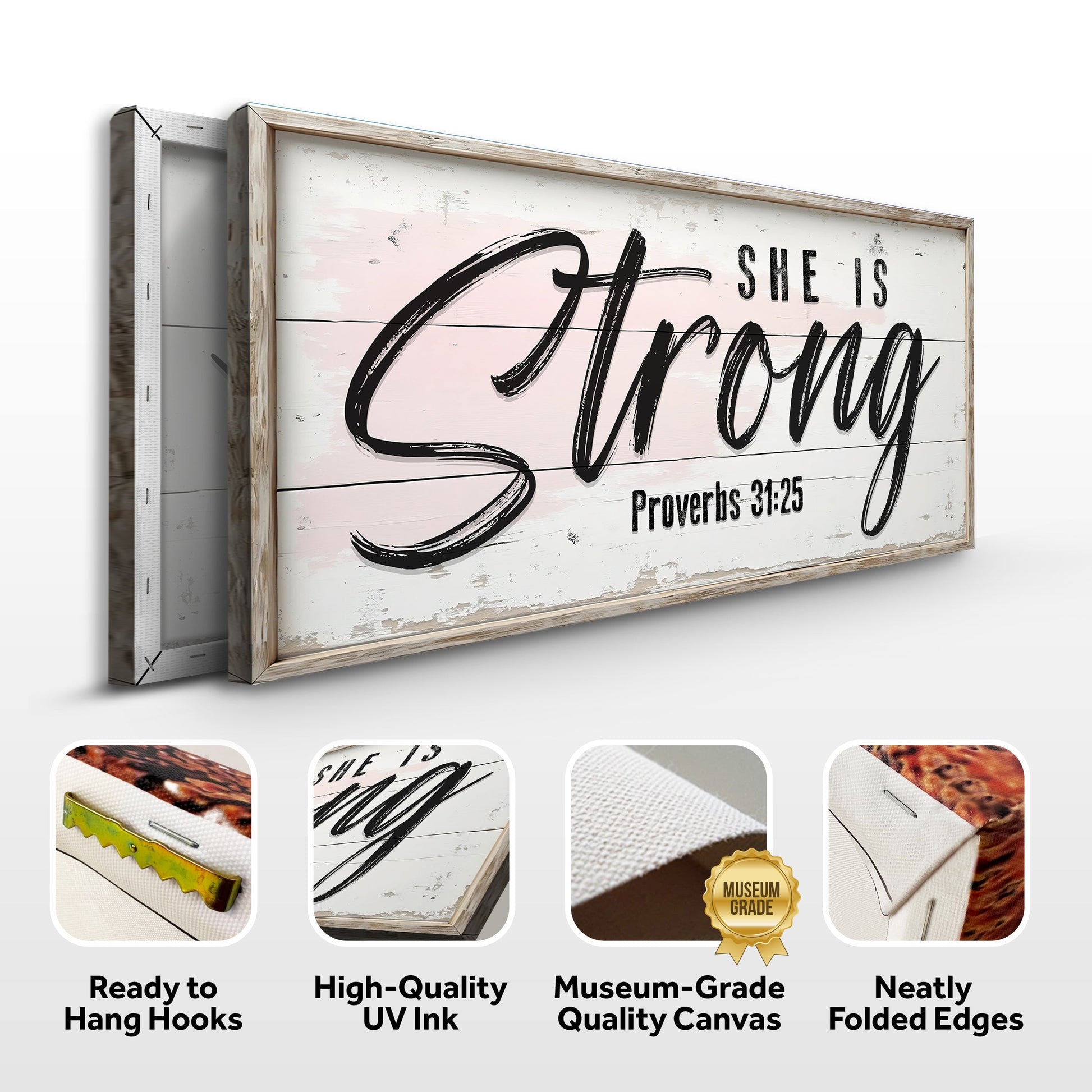 Canvas sign She Is Strong Proverbs 31:25 faith sign by Tailored Canvases, wood frame on Tampa Home & Garden Store