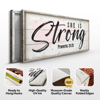 Canvas sign She Is Strong Proverbs 31:25 faith sign by Tailored Canvases, wood frame on Tampa Home & Garden Store