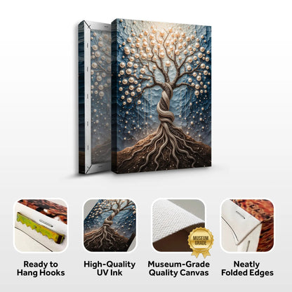The Pearl Tree Wall Art canvas by Tailored Canvases; pearl-dotted tree on blue backdrop on Tampa Home & Garden Store