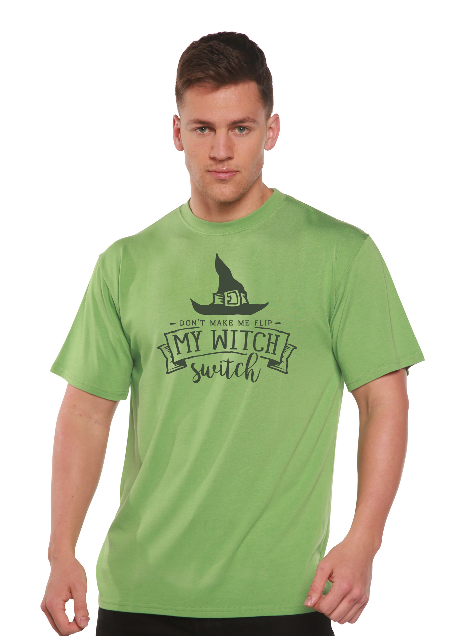 Unisex My Witch bamboo tee with lime green color and witch hat by Spun Bamboo on Tampa Home & Garden Store
