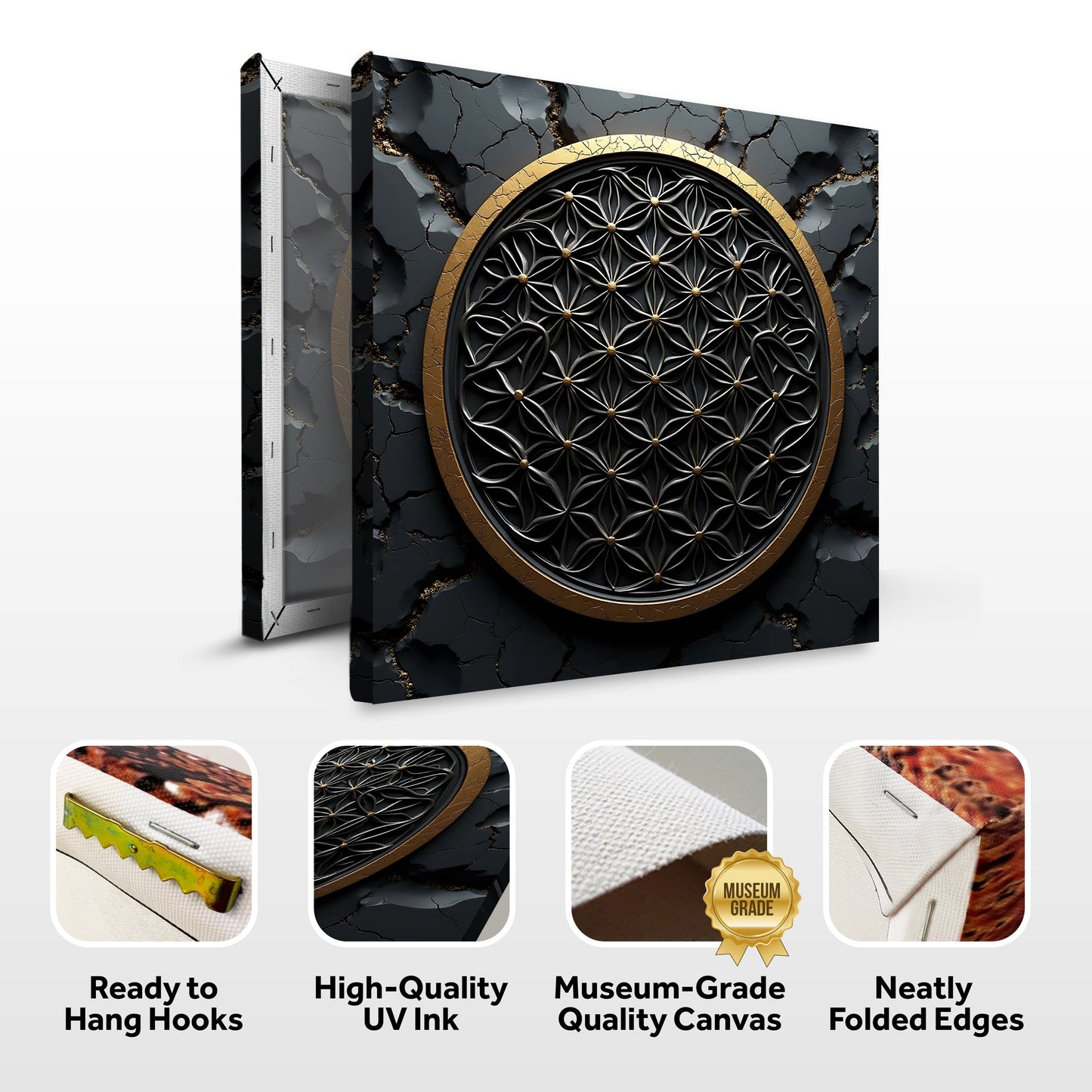 Flower Of Life Wall Art III canvas by Tailored Canvases; black marble with gold ring and lattice on Tampa Home & Garden Store