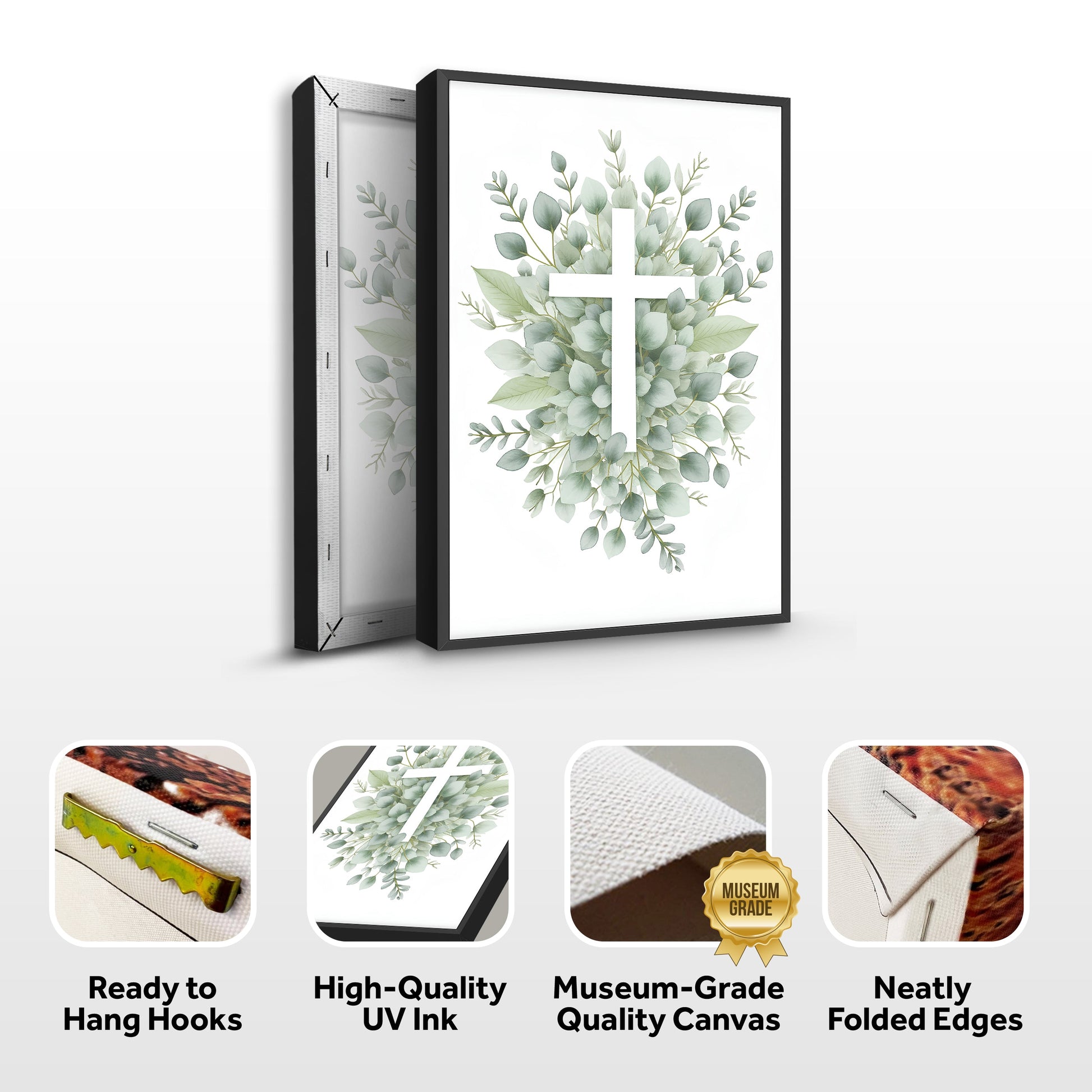 Minimalist Cross Faith Wall Art canvas with eucalyptus leaves in black frame Tailored Canvases on Tampa Home & Garden Store