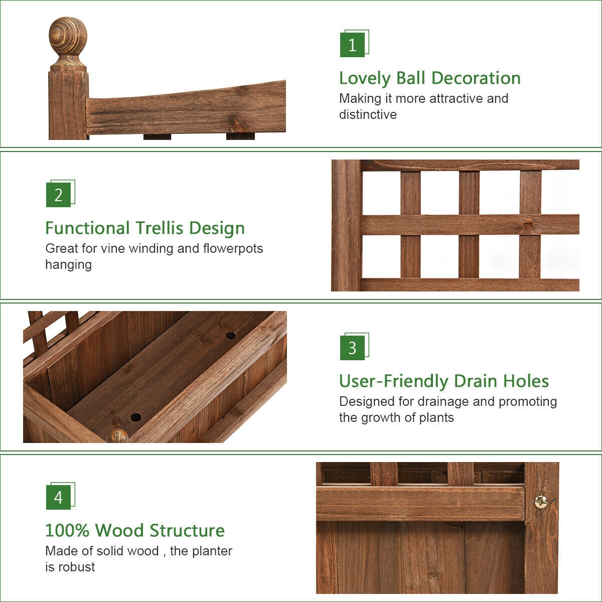 Wood Planter Box with Trellis by LJGDeals, weatherproof outdoor planter with drainage holes on Tampa Home & Garden Store