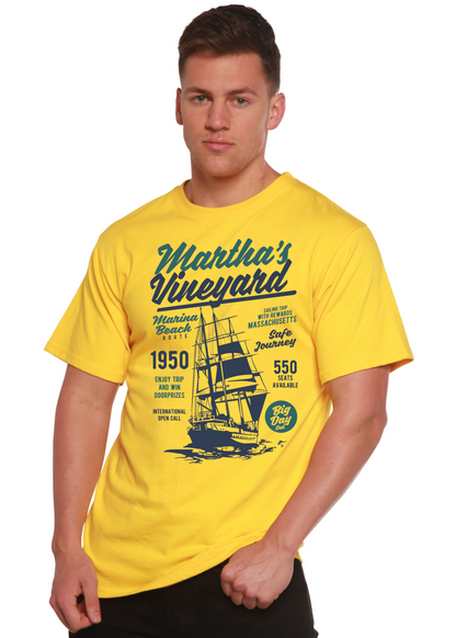 Martha's Vineyard men's graphic T-shirt in yellow with navy print, Spun Bamboo on Tampa Home & Garden Store
