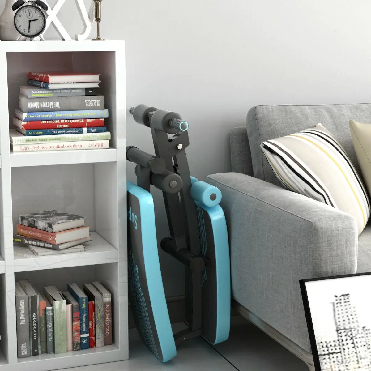 Abdominal twister trainer with adjustable-height bench in teal and black beside a bookshelf on Tampa Home & Garden Store