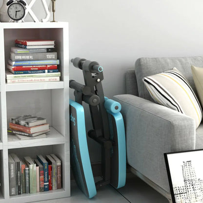 Abdominal twister trainer with adjustable-height bench in teal and black beside a bookshelf on Tampa Home & Garden Store