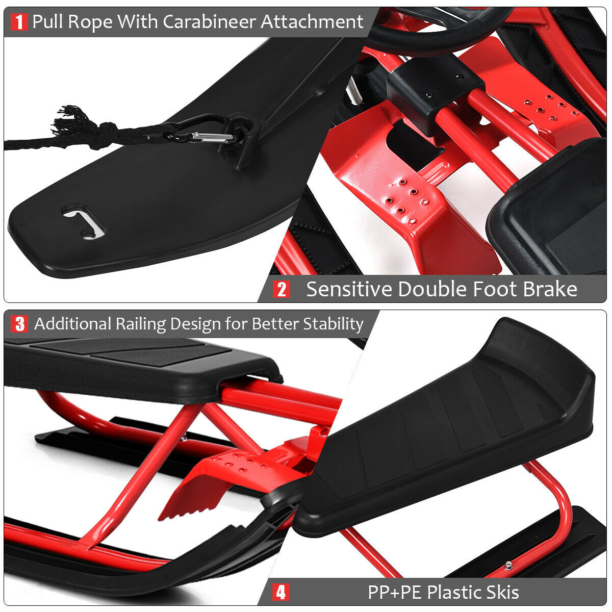 Kids snow sled racer with steering wheel and double brakes, red frame, black skis on Tampa Home & Garden Store
