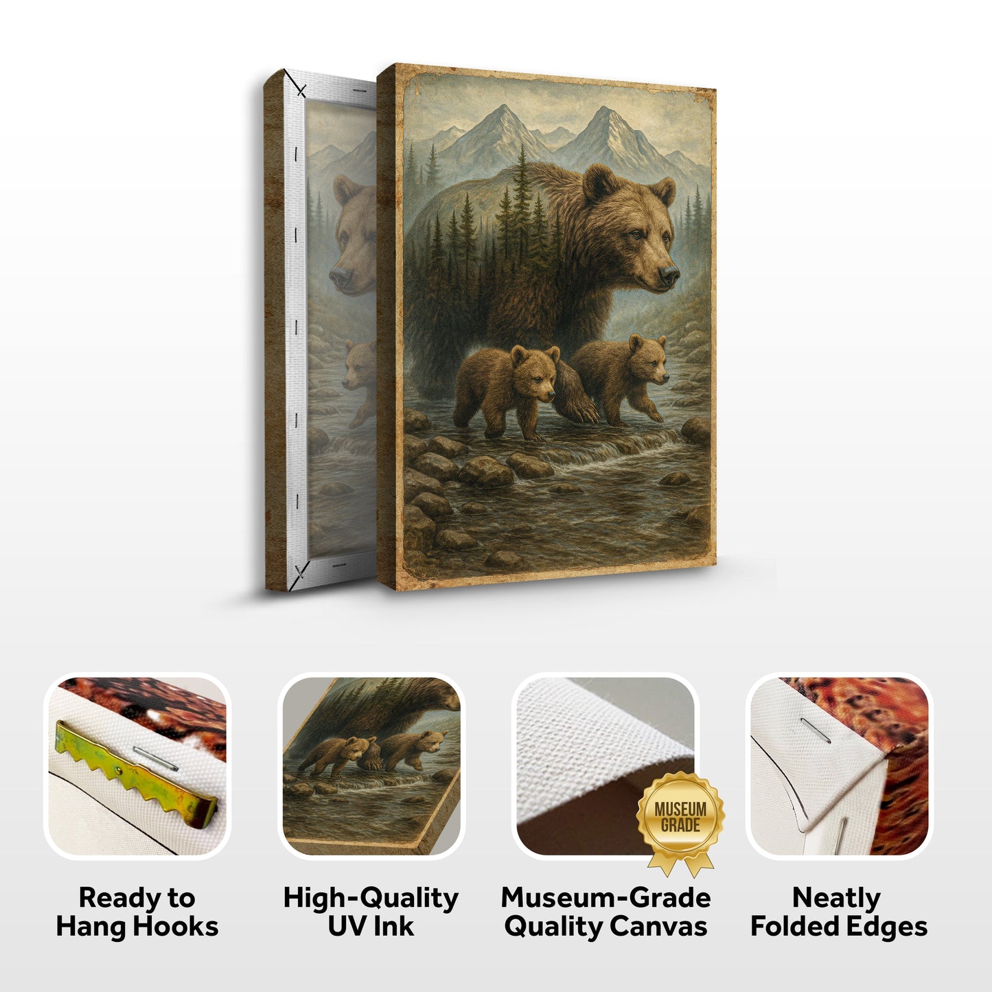 Mother Bear and Cubs Crossing Canvas by Tailored Canvases, forest and mountain double exposure on Tampa Home & Garden Store