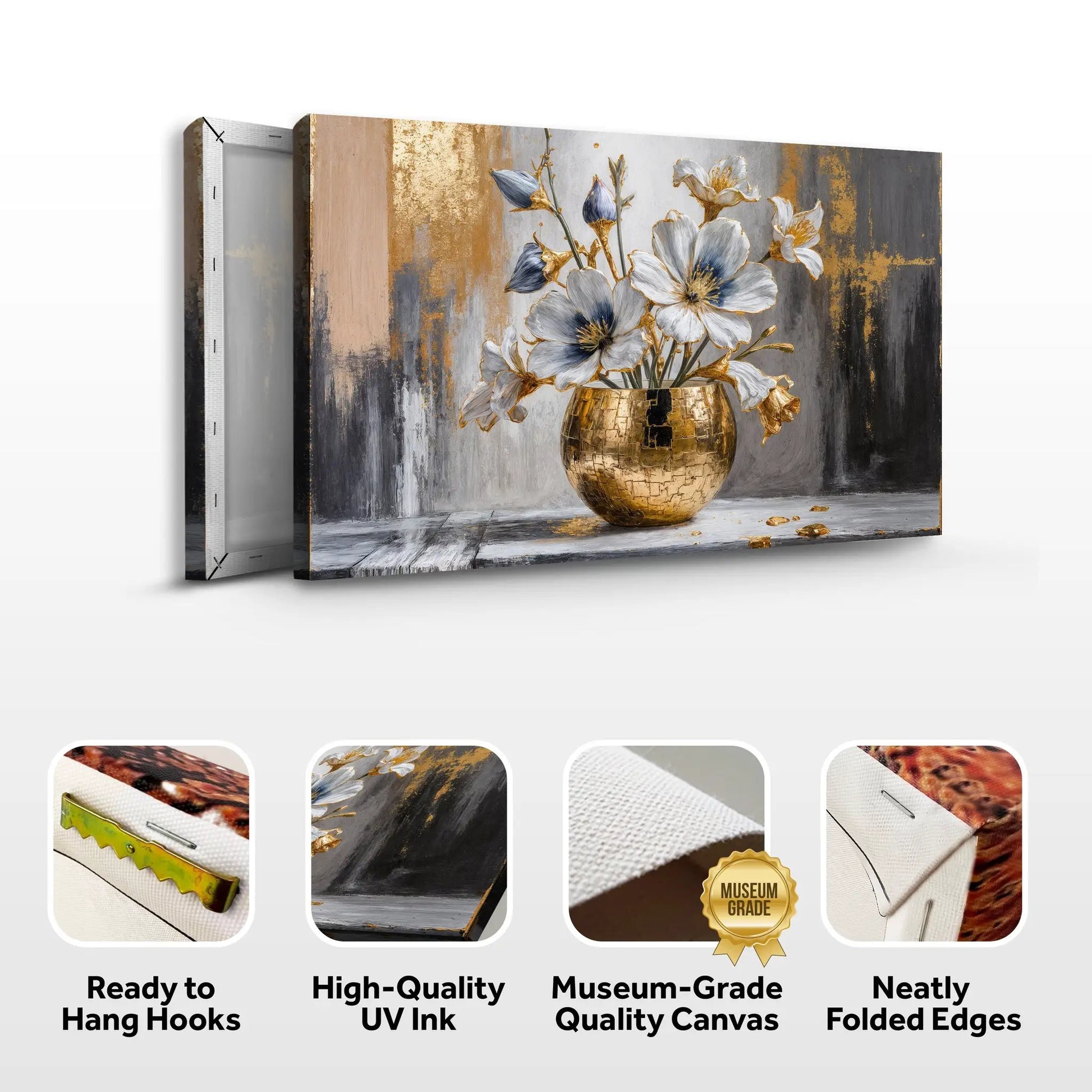 Magnolia Bloom in Gold Abstract Wall Art canvas with gilded vase and blooms on gray backdrop on Tampa Home & Garden Store