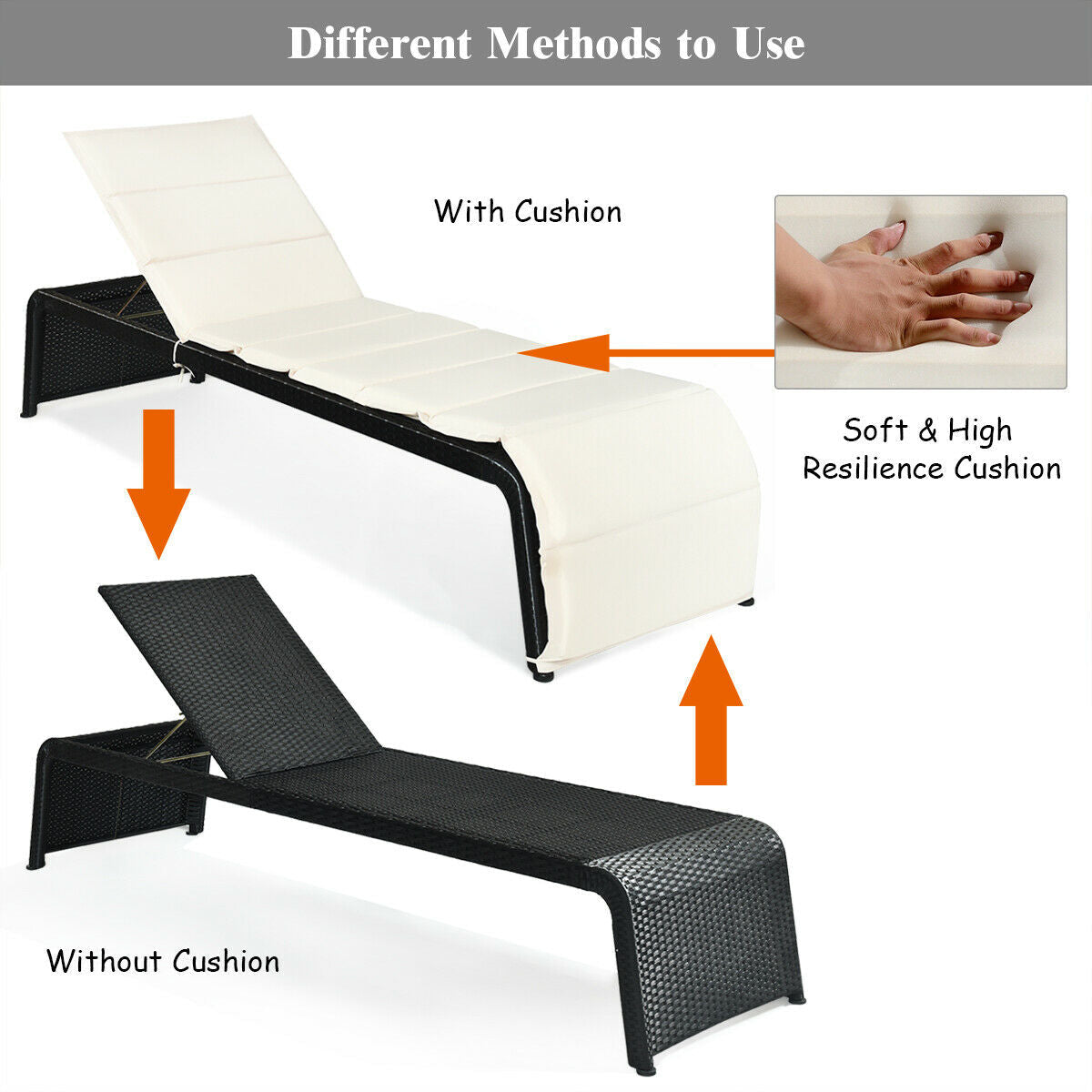 Tumbona reclinable de ratán para patio, con respaldo ajustable y cojín - Blanco