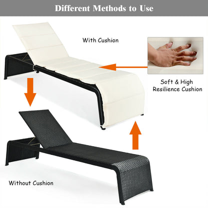 Tumbona reclinable de ratán para patio, con respaldo ajustable y cojín - Blanco