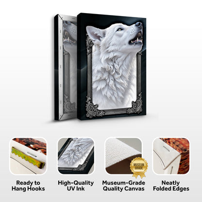 3D Wolf Wall Art III canvas by Tailored Canvases, white wolf, ornate silver frame on Tampa Home & Garden Store