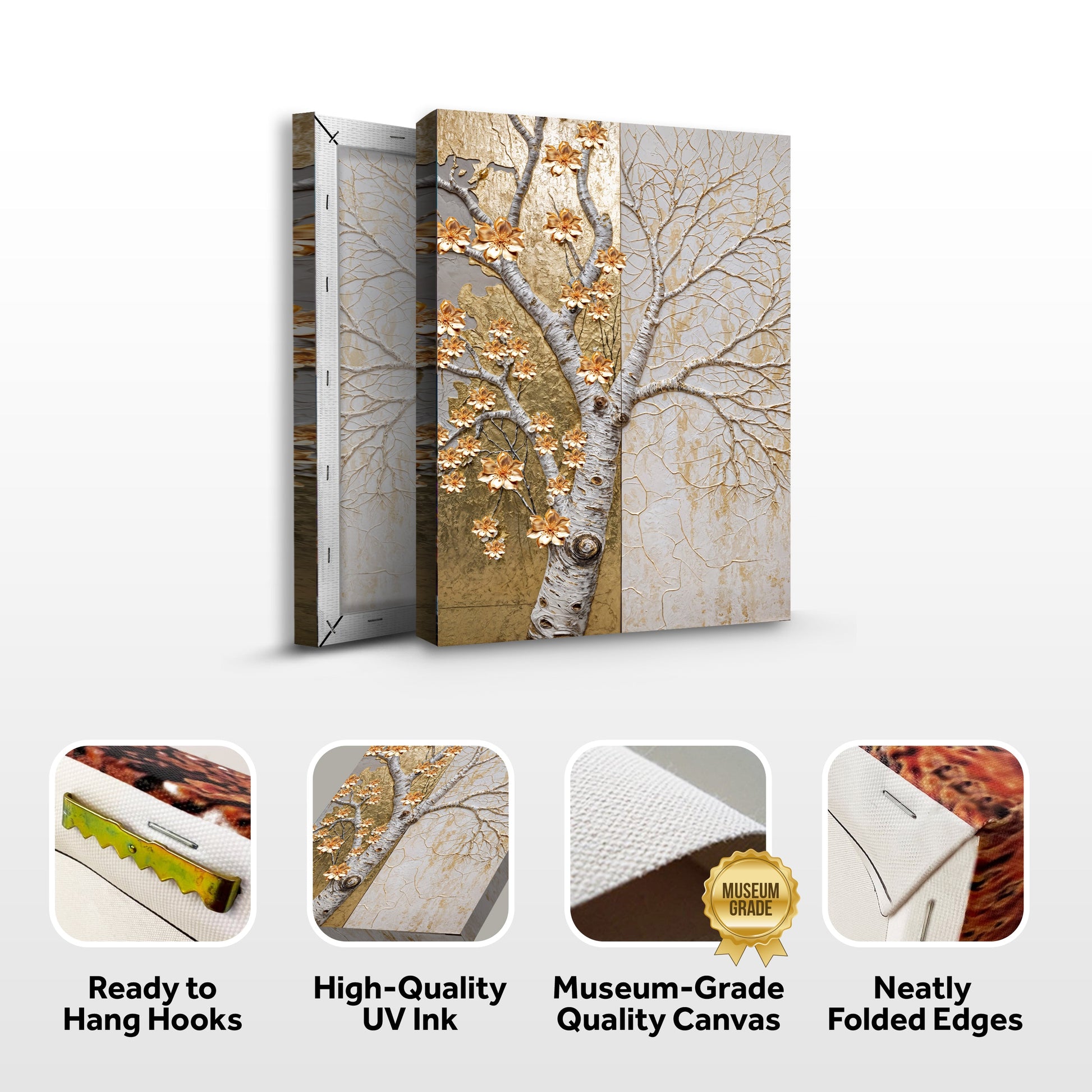 Ivory Seasons Wall Art canvas 4 panels crafting canvas with gold blossoms on branches on Tampa Home & Garden Store