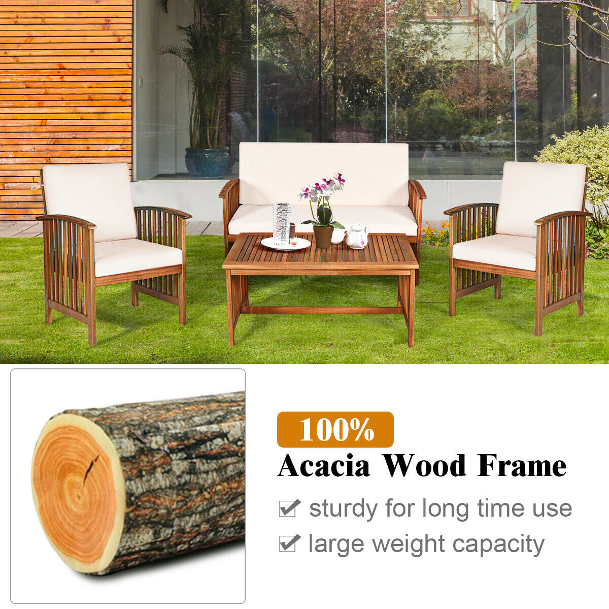 Juego de muebles de patio de madera maciza de 4 piezas - Beige