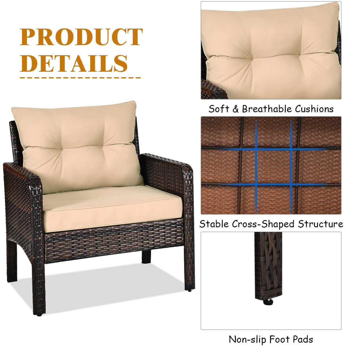Juego de 3 piezas de conversación para patio exterior de ratán con cojines de asiento - Beige