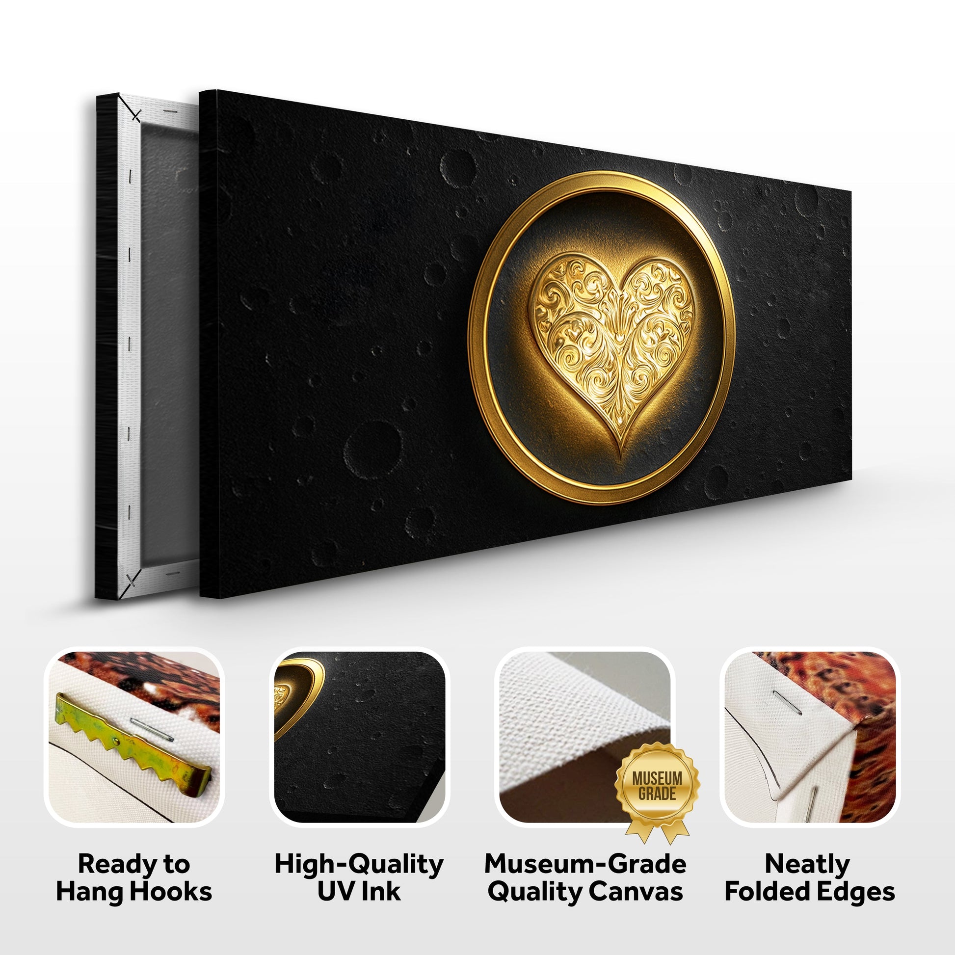 Heart Eclipse Wall Art canvas by Tailored Canvases, black textured canvas with gold medallion on Tampa Home & Garden Store