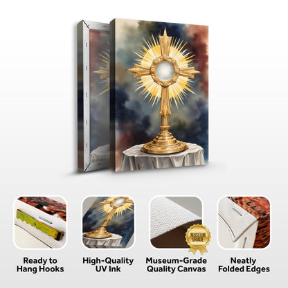 Holy Eucharist in Monstrance canvas art, gold sunburst monstrance pedestal Tailored Canvases on Tampa Home & Garden Store