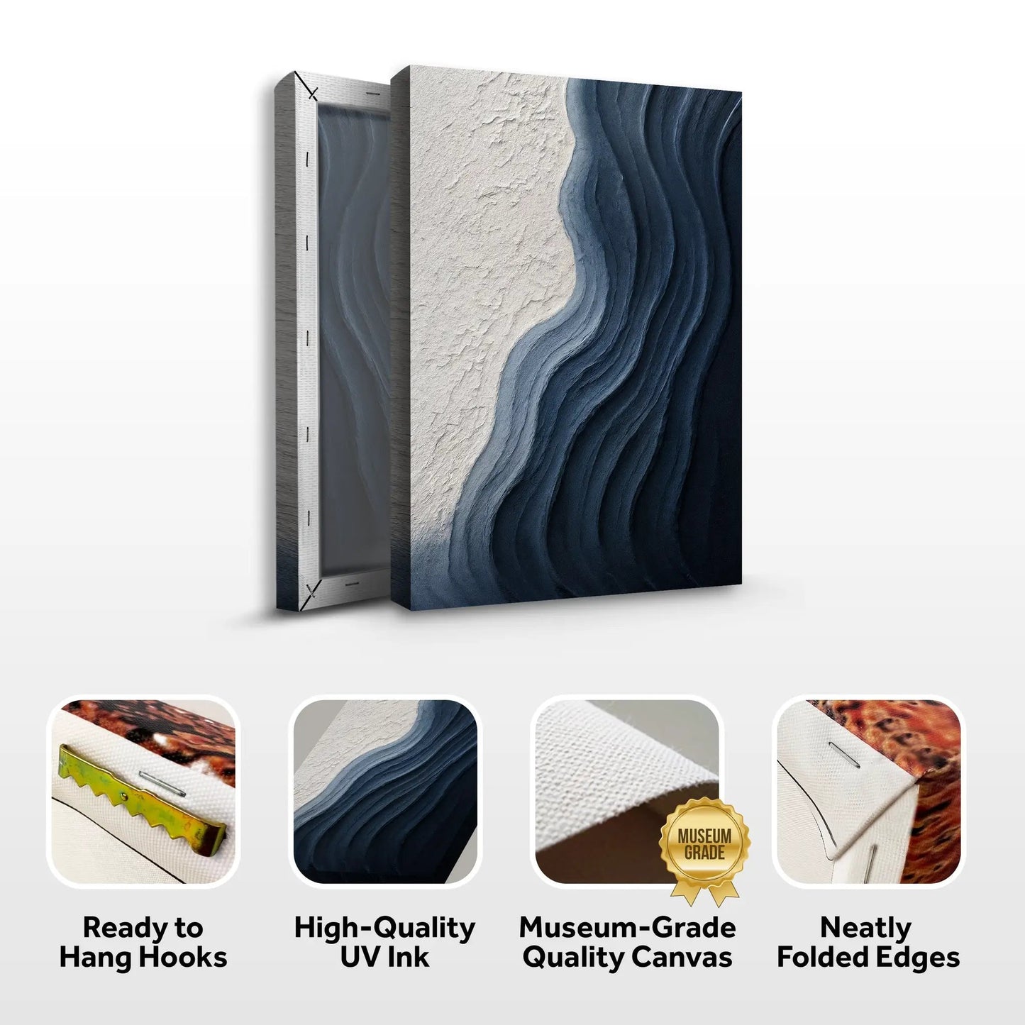Abstract Minimalist Wave Impasto Wall Art canvas by Tailored Canvases in beige and navy waves on Tampa Home & Garden Store