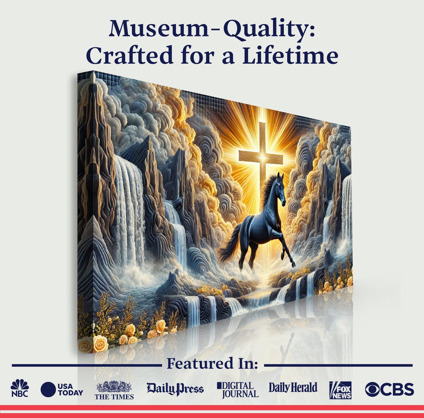 3D Horse Faith Wall Art III canvas by Tailored Canvases, epic horse scene with lit cross on Tampa Home & Garden Store