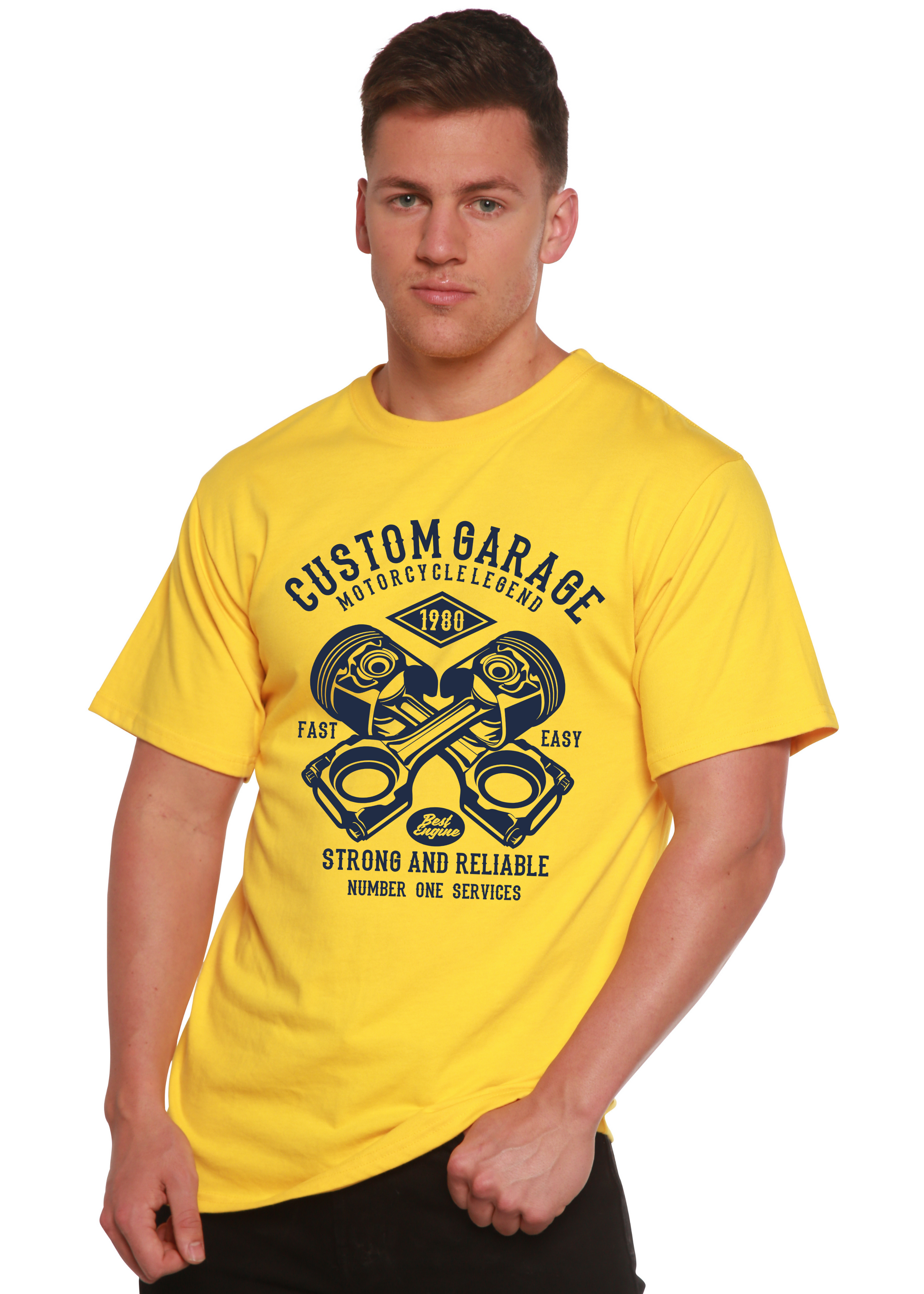 Custom Garage men's bamboo tee yellow graphic print Spun Bamboo on Tampa Home & Garden Store