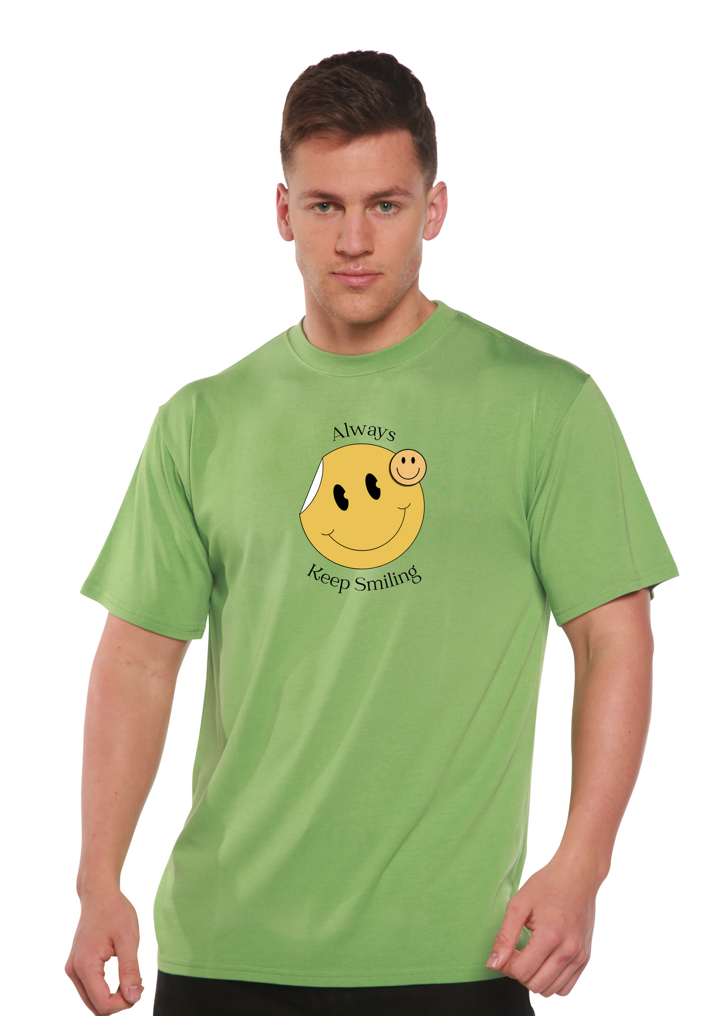 Mens Spun Bamboo short sleeve T shirt with Always Keep Smiling smiley graphic in green on Tampa Home & Garden Store