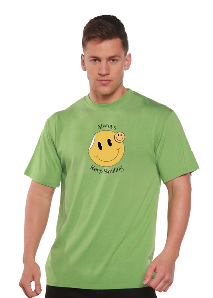Mens Spun Bamboo short sleeve T shirt with Always Keep Smiling smiley graphic in green on Tampa Home & Garden Store