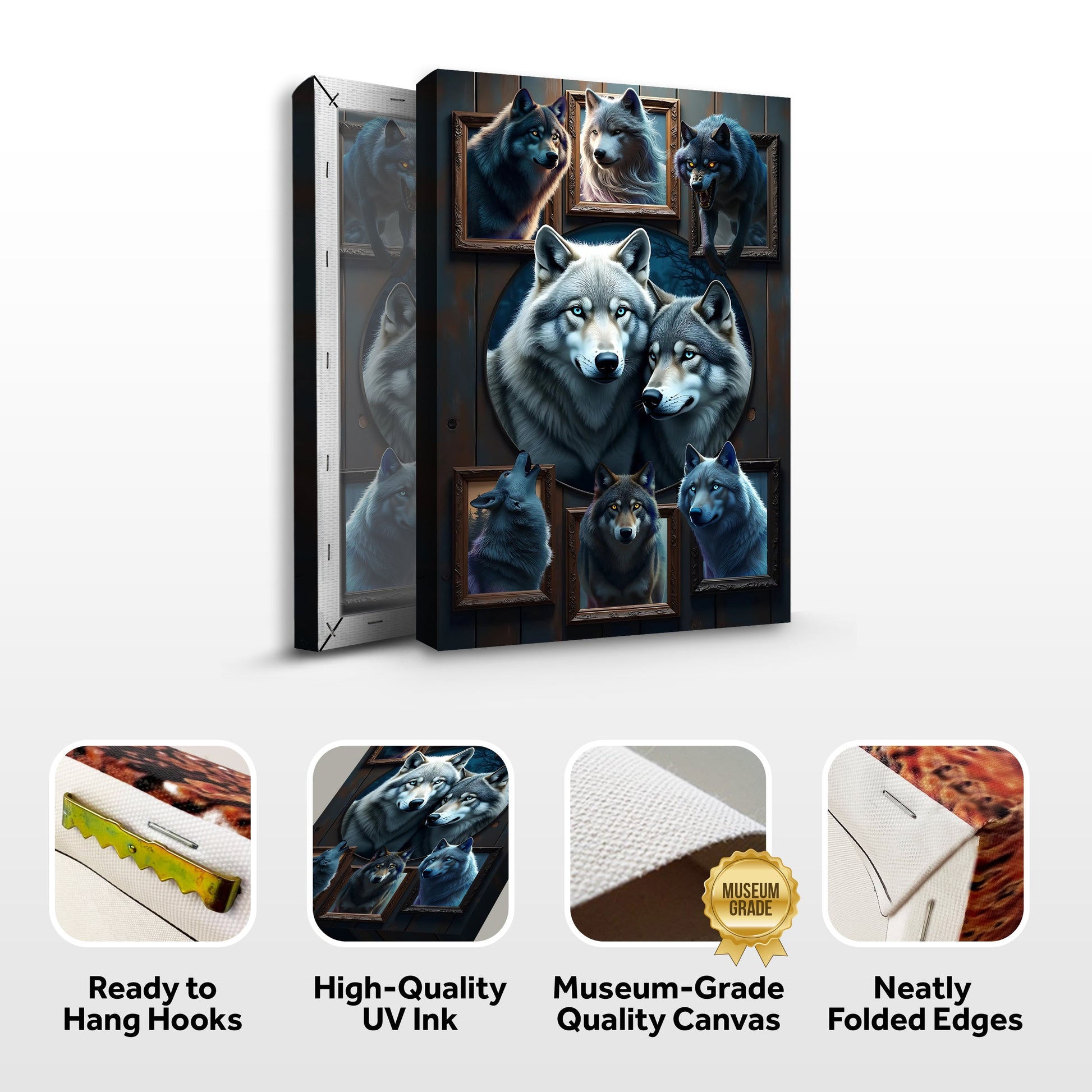 3D Wolf Collage Wall Art II canvas; blue-gray multi-panel wolf portrait by Tailored Canvases on Tampa Home & Garden Store