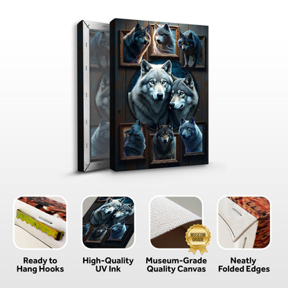 3D Wolf Collage Wall Art II canvas; blue-gray multi-panel wolf portrait by Tailored Canvases on Tampa Home & Garden Store
