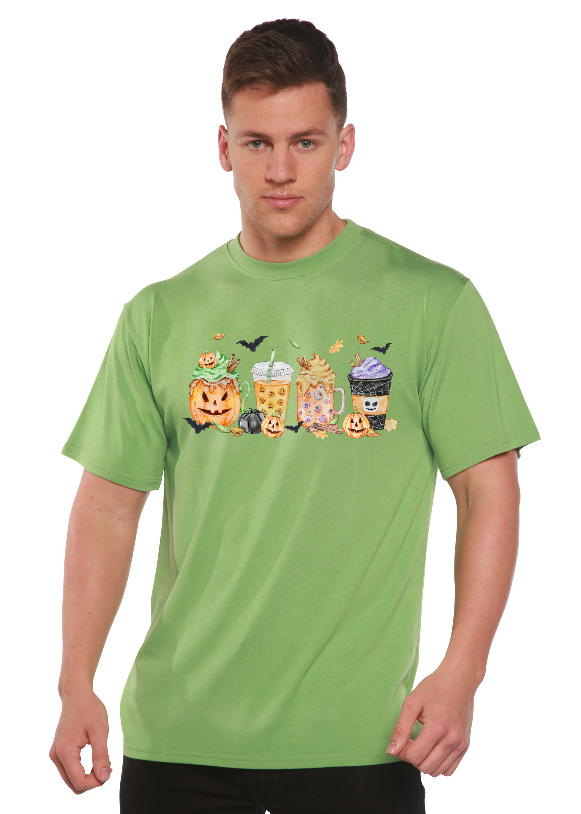 Happy Halloween men's bamboo viscose organic cotton graphic tee in green with pumpkins on Tampa Home & Garden Store