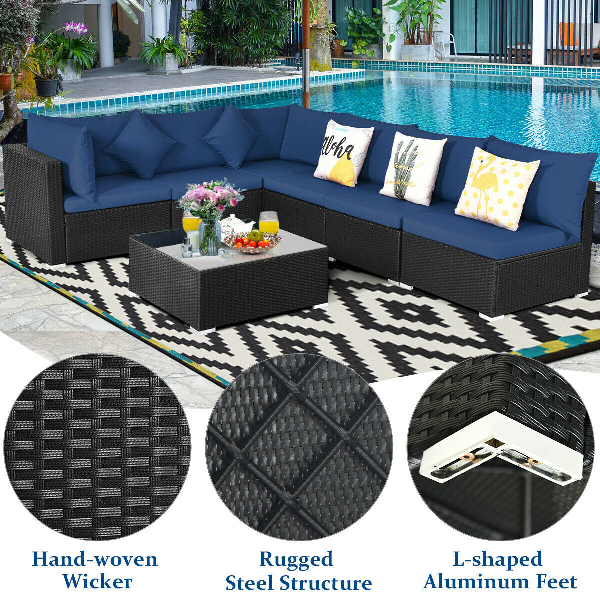 Juego de Sofá Seccional Exterior de 7 Piezas de Ratán para Patio con Tapa de Cristal Templado - Azul Marino